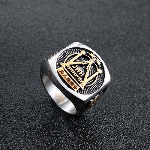 Stylish Gold Freemason Ring for Men - Personalized Retro Stainless Steel Jewelry in European and American Fashion