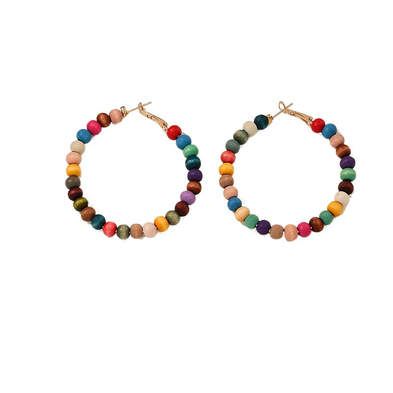 Vibrant Wooden Bead Circle Earrings Set - Wholesale Women's Fashion Accessories