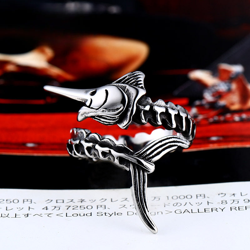 Men's Vintage Fish Bone Pattern Titanium Steel Open Ring - Trendy Fashion Accessory