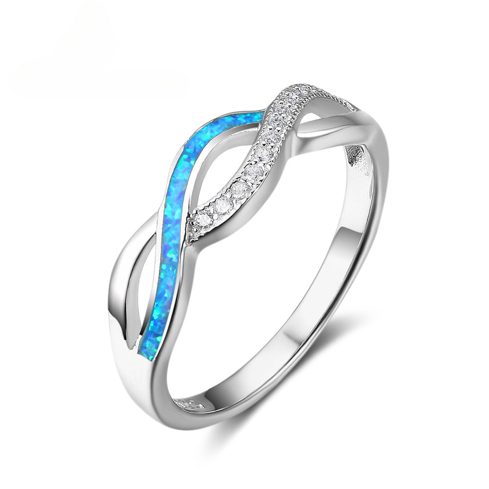 Wave Split Shank Blue Opal Zircon Sterling Silver Ring