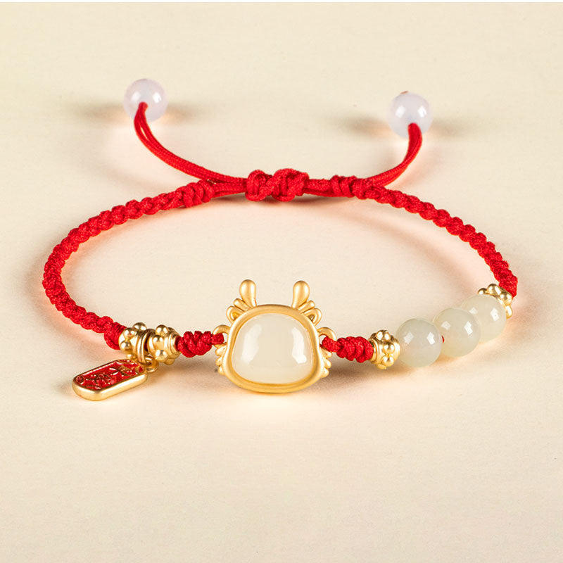 Chinese Zodiac Dragon Red Rope Bracelet with Sterling Silver and Jade