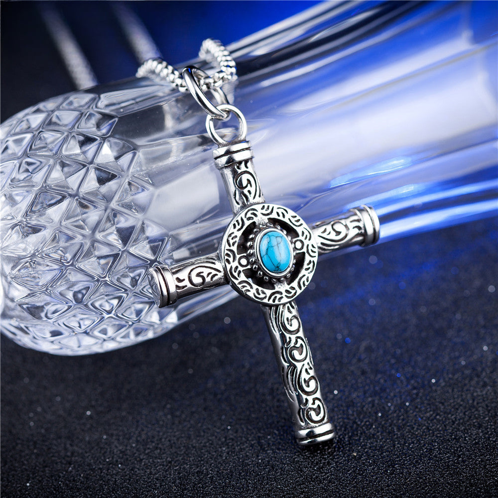 Turquoise Totem Celtic Cross Titanium Steel Necklace for Men