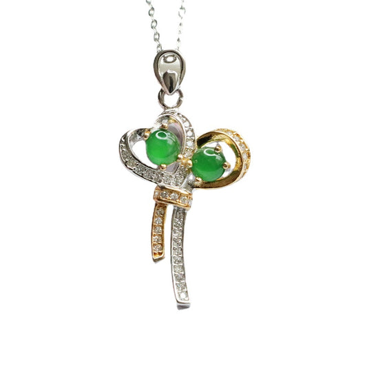 Emperor's Jade Bow Necklace: Sterling Silver with Green Jade and Zircon