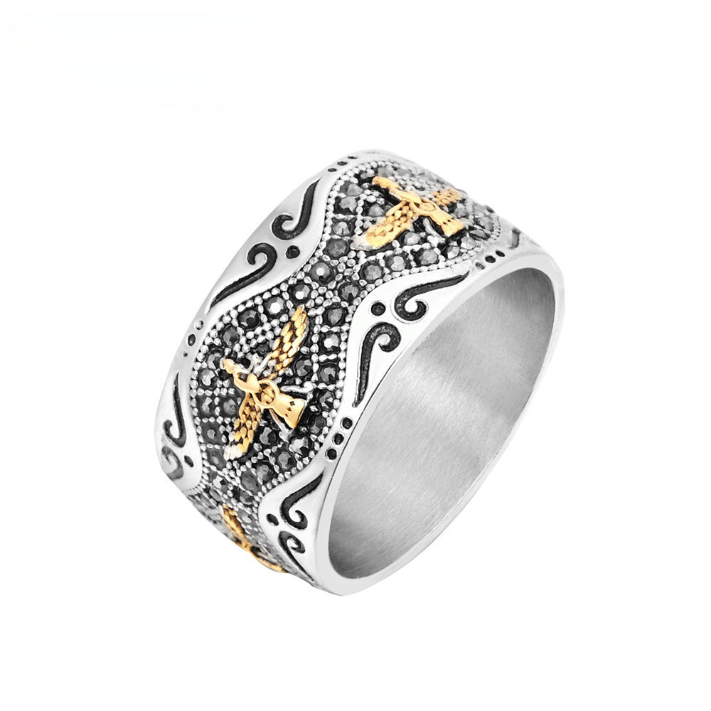 Vintage Pattern Golden Flying Eagle Zircon Titanium Steel Ring for Men