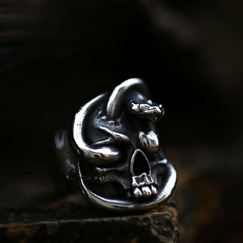 Punk-Inspired Stainless Steel Skull and Snake Ring for Men - Retro Titanium Jewelry