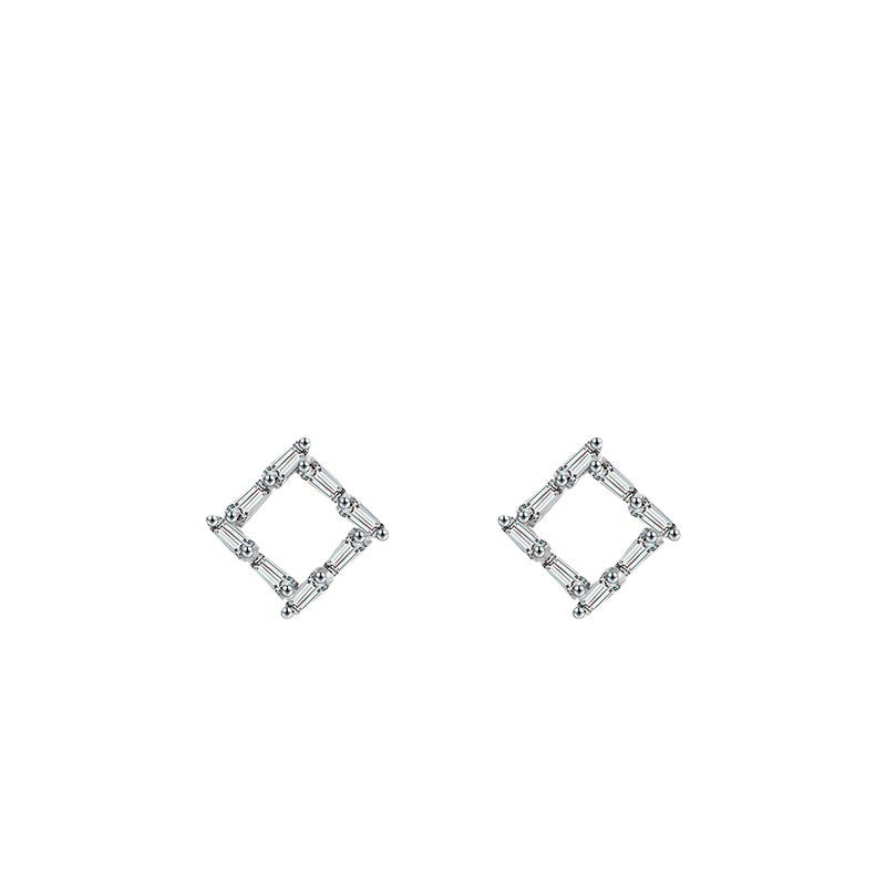 Versatile Fashion Sterling Silver Square Stud Earrings with Zircon for Women