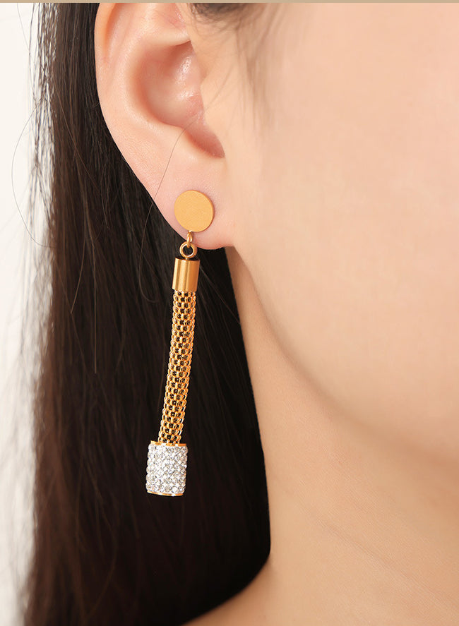 Golden Geometric Long Earrings with Zircon Inlay - Wholesale Women's Jewelry