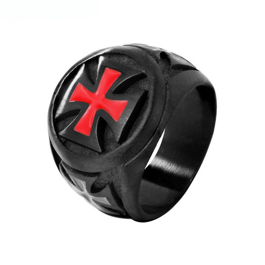 Red Cross Pattee Black Titanium Steel Ring