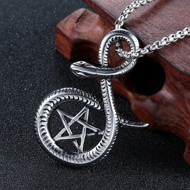 Retro Hollow Pentagram Snake Pendant in Titanium Steel - Fashion Jewelry for Men