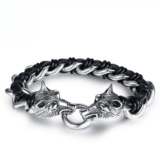 Planderful Everyday Genie Double Wolf Head Men's Bracelet in Titanium Steel