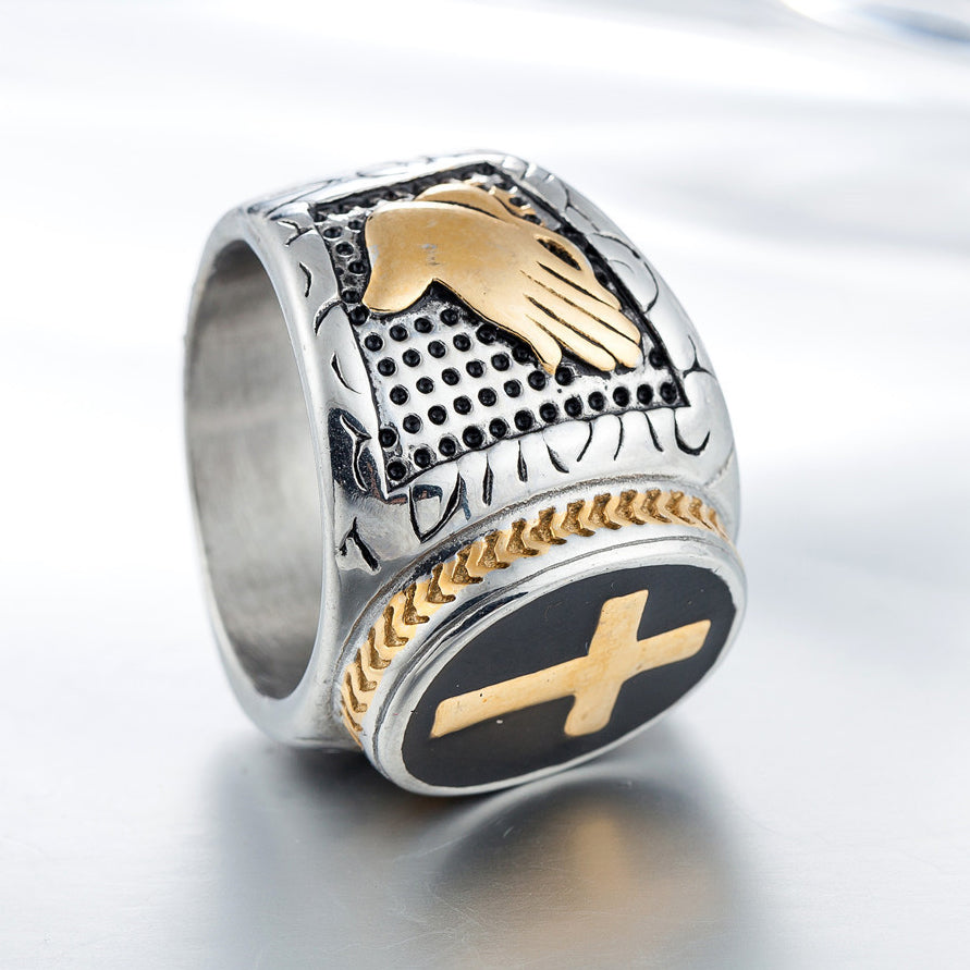 Latin Cross Snake Prayer Titanium Steel Ring for Men