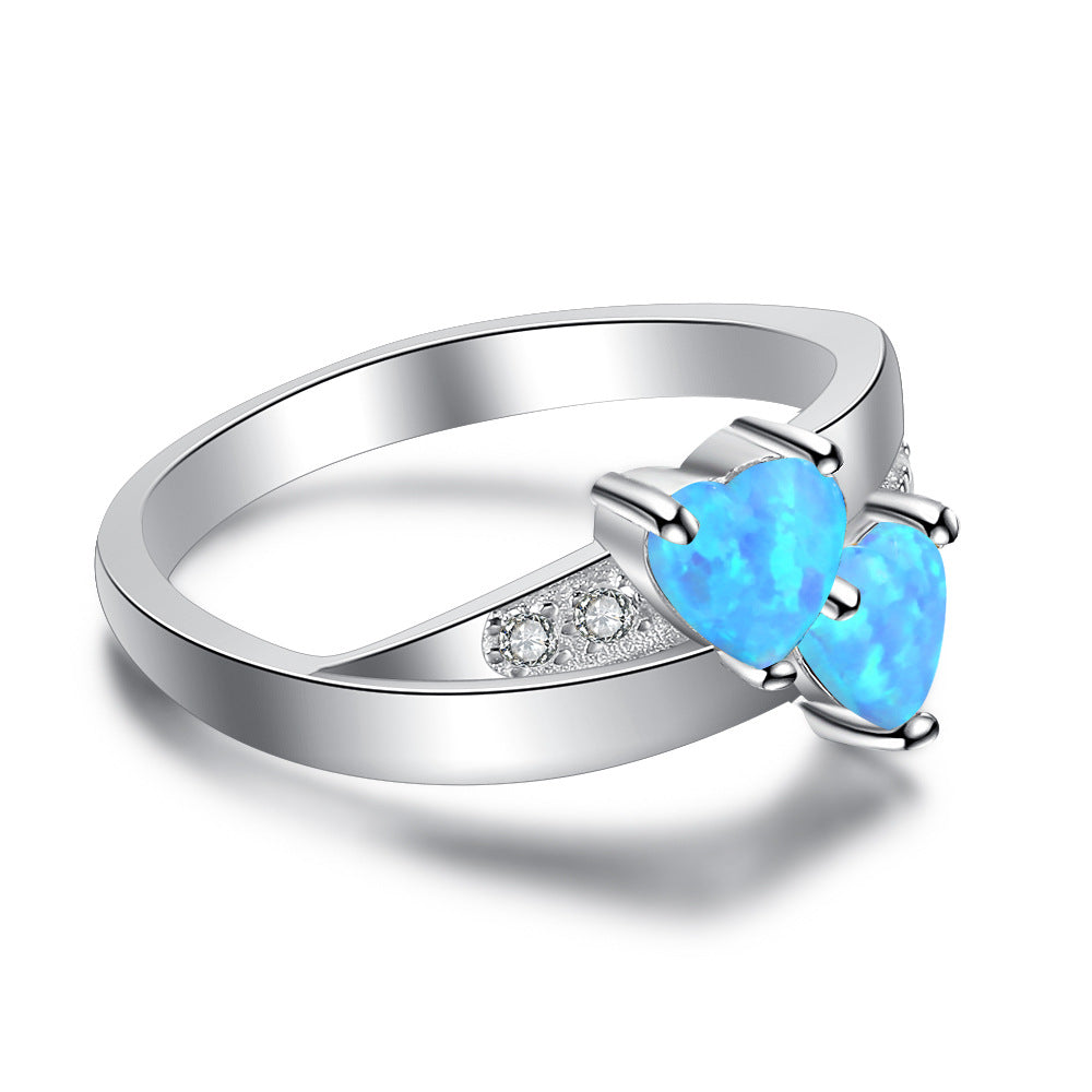 Double Heart Shape Blue Opal Zircon Sterling Silver Ring