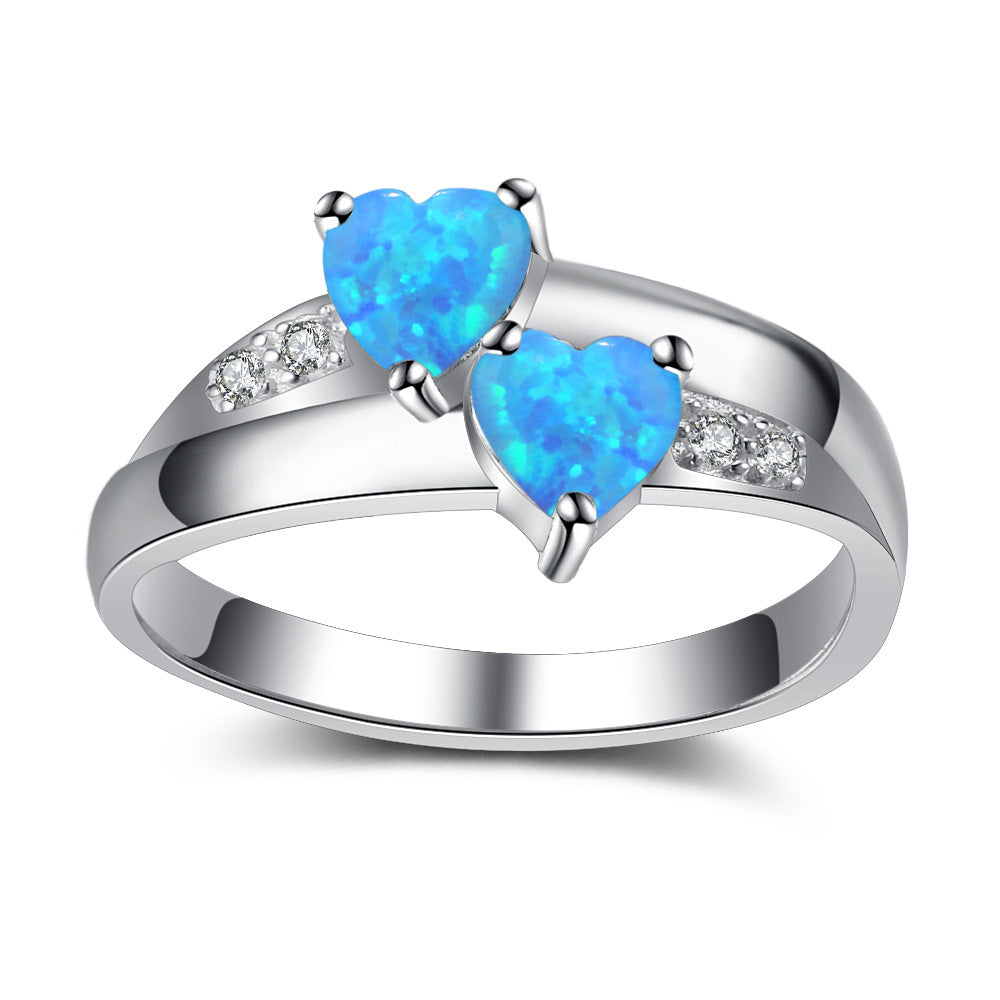 Double Heart Shape Blue Opal Zircon Sterling Silver Ring