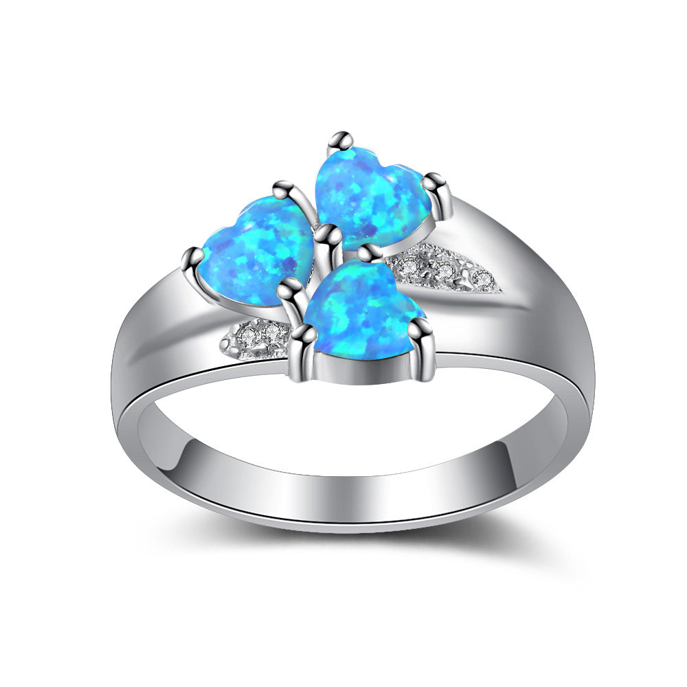 Three Heart Shape Blue Opal Sterling Silver Ring