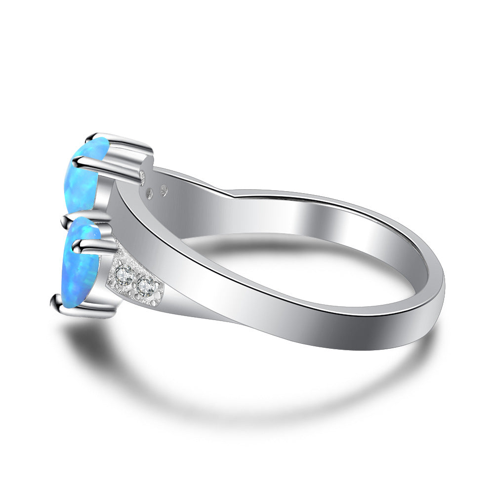 Double Heart Shape Blue Opal Zircon Sterling Silver Ring