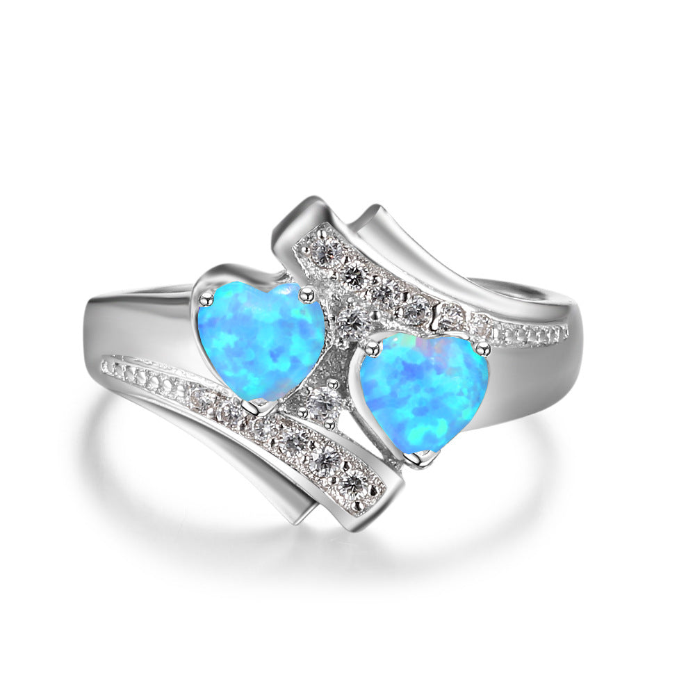 Two Heart Blue Opal with Zircon Embrace Arm Sterling Silver Ring