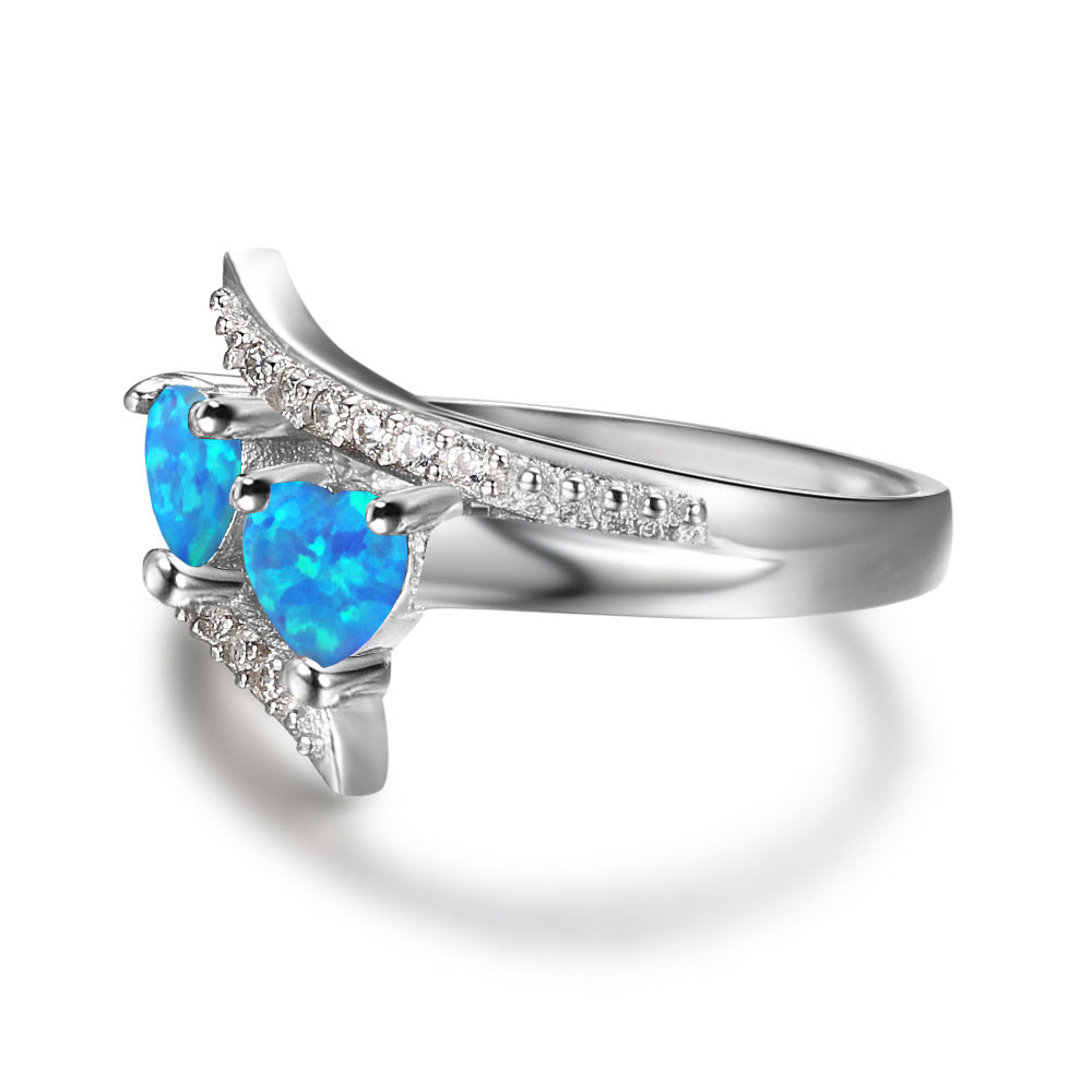 Two Heart Blue Opal with Zircon Embrace Arm Sterling Silver Ring