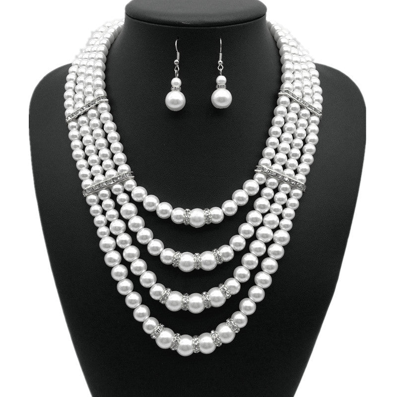 Extravagant Pearl and Crystal Layered Necklace and Earring Set