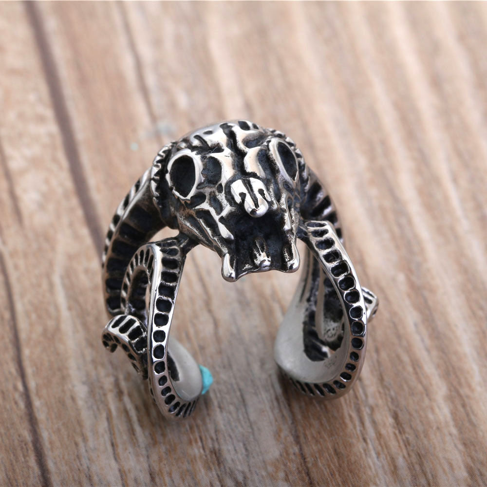 Punk-Inspired Titanium Steel Skull Ring for Men - Retro Red Sheep Design