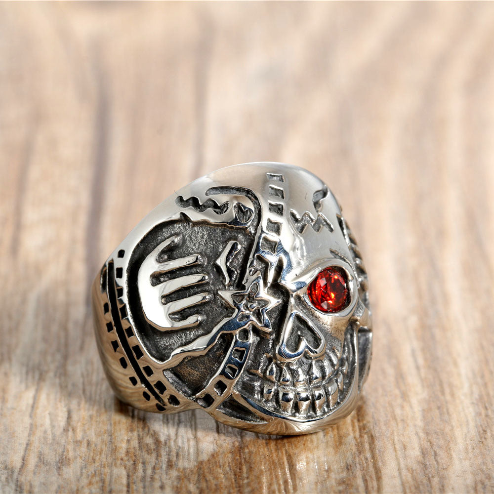 Punk Style Skull Ring with Red Zircon Inlay for Men – Stainless Steel Ghost Head Design