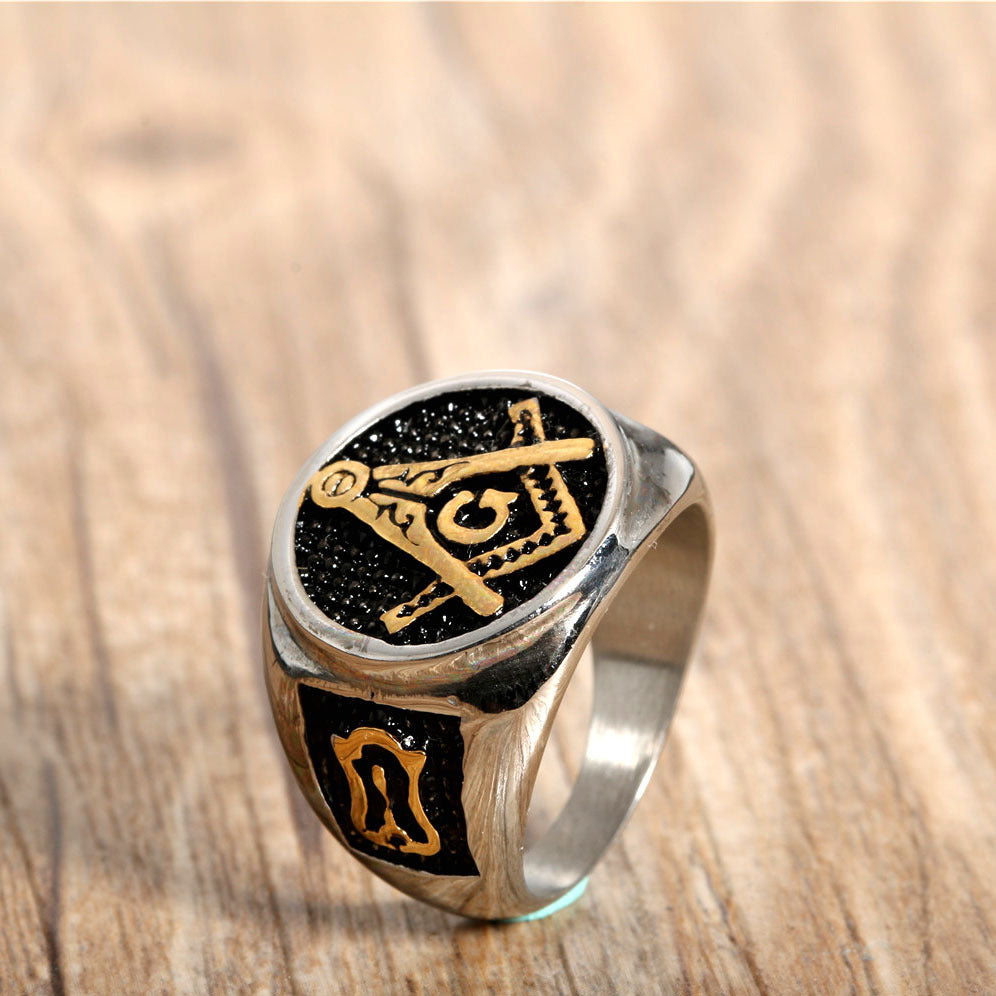 Vintage-Inspired Gold Titanium Steel Freemason Ring for Men - Unique Stainless Steel Fashion Accessory