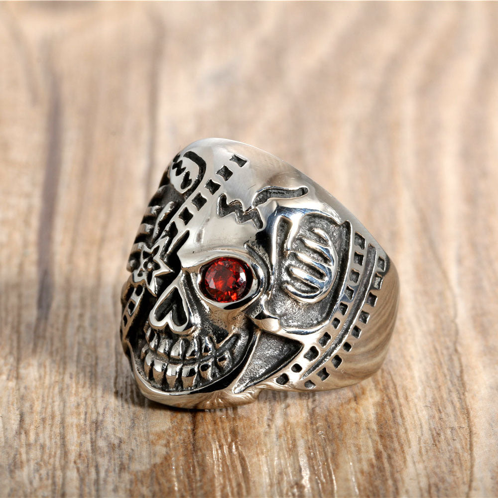 Punk Style Skull Ring with Red Zircon Inlay for Men – Stainless Steel Ghost Head Design