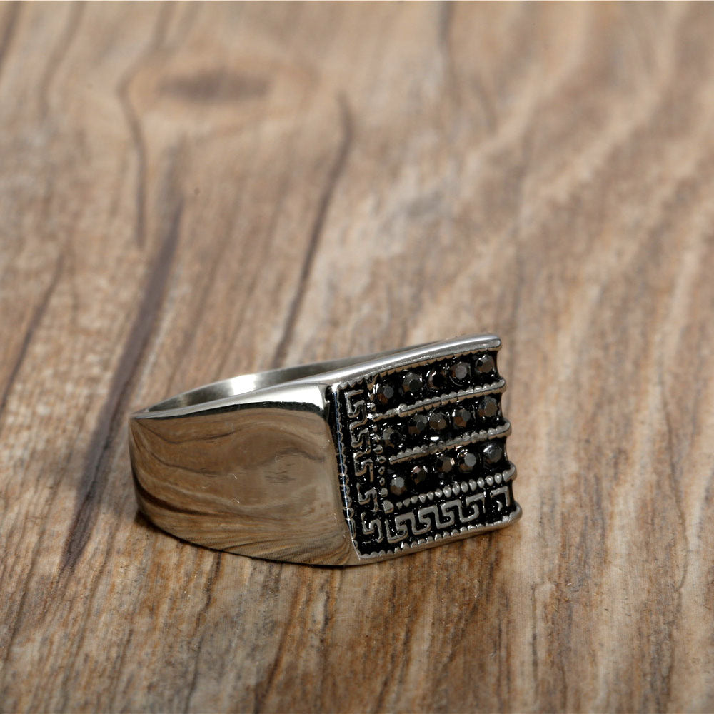 Punk-Inspired Titanium Steel Zircon Ring with Great Wall Design - Retro Holiday Gift for Men