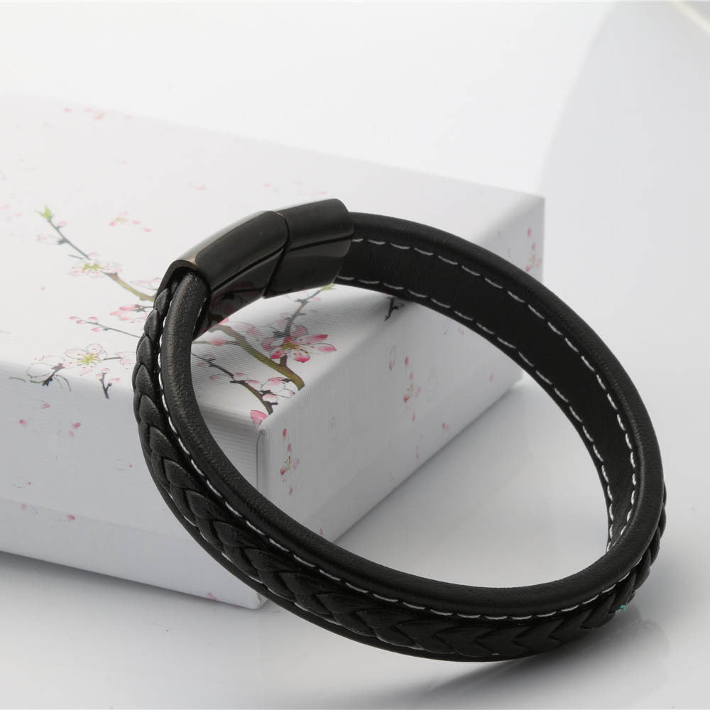 Trendy Black Titanium Steel and Braided Leather Bracelet for Men