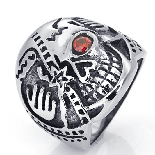 Punk Style Skull Ring with Red Zircon Inlay for Men – Stainless Steel Ghost Head Design