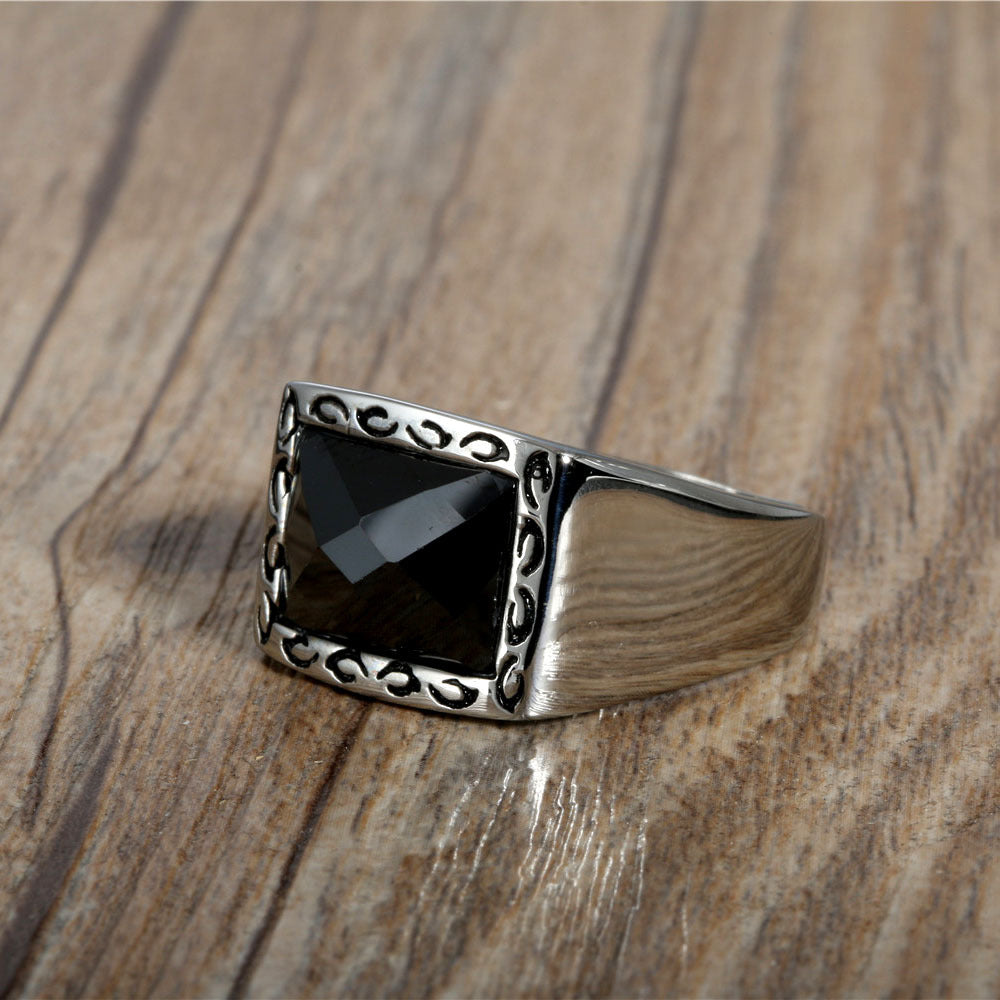 Engraved Titanium Steel Punk Ring with Black Zircon - Retro Style for Men, Sizes 8-12