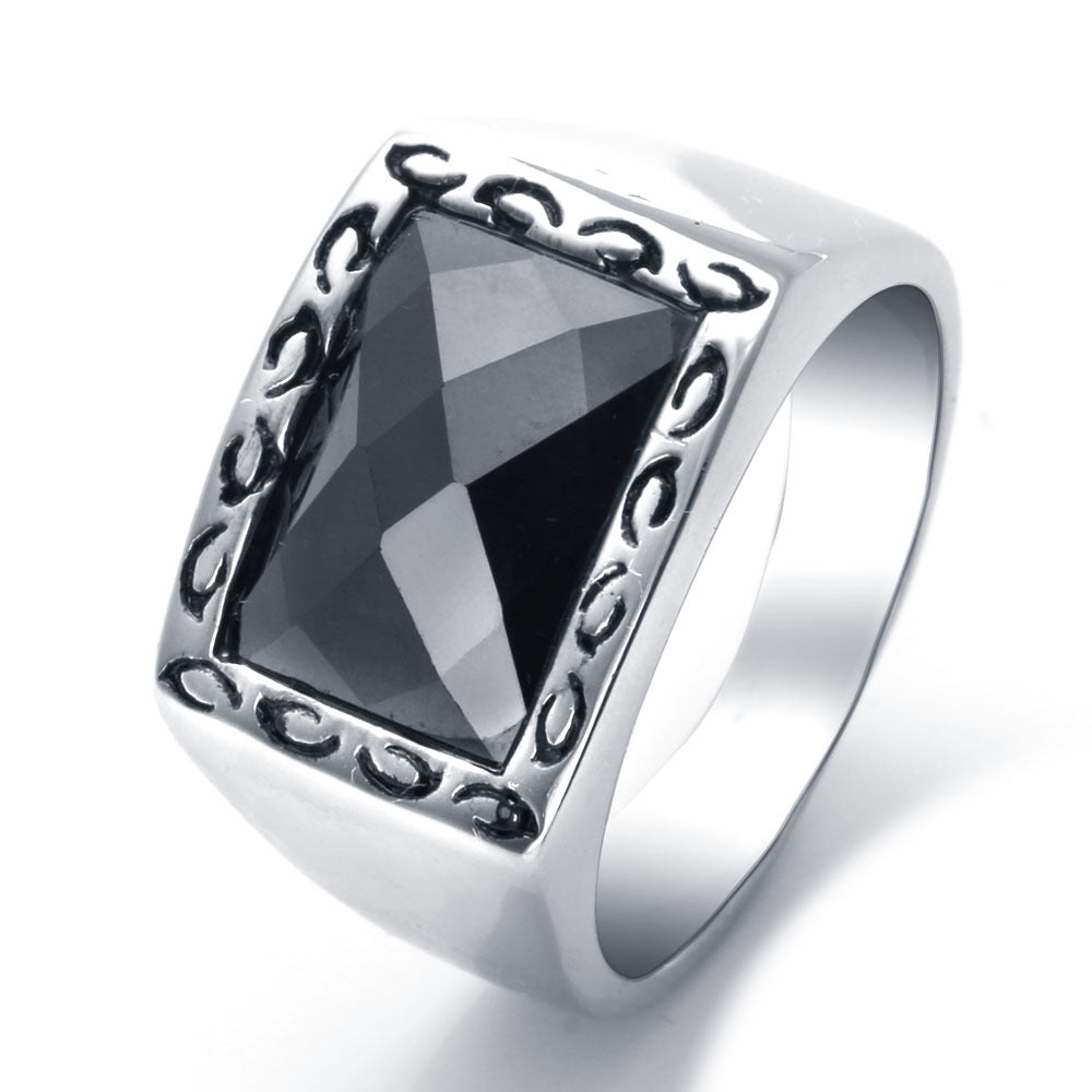 Engraved Titanium Steel Punk Ring with Black Zircon - Retro Style for Men, Sizes 8-12