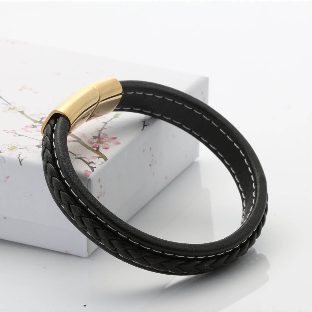 Trendy Black Titanium Steel and Braided Leather Bracelet for Men