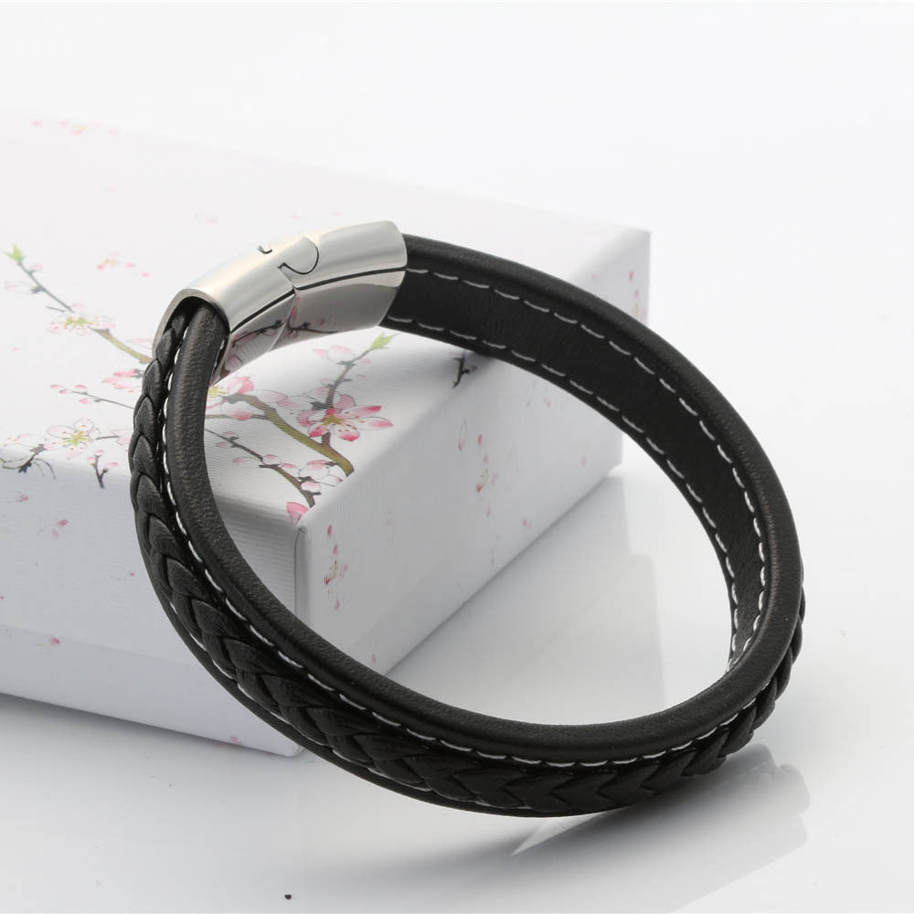 Trendy Black Titanium Steel and Braided Leather Bracelet for Men