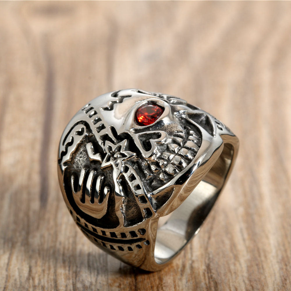 Punk Style Skull Ring with Red Zircon Inlay for Men – Stainless Steel Ghost Head Design