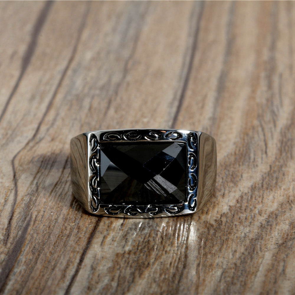 Engraved Titanium Steel Punk Ring with Black Zircon - Retro Style for Men, Sizes 8-12