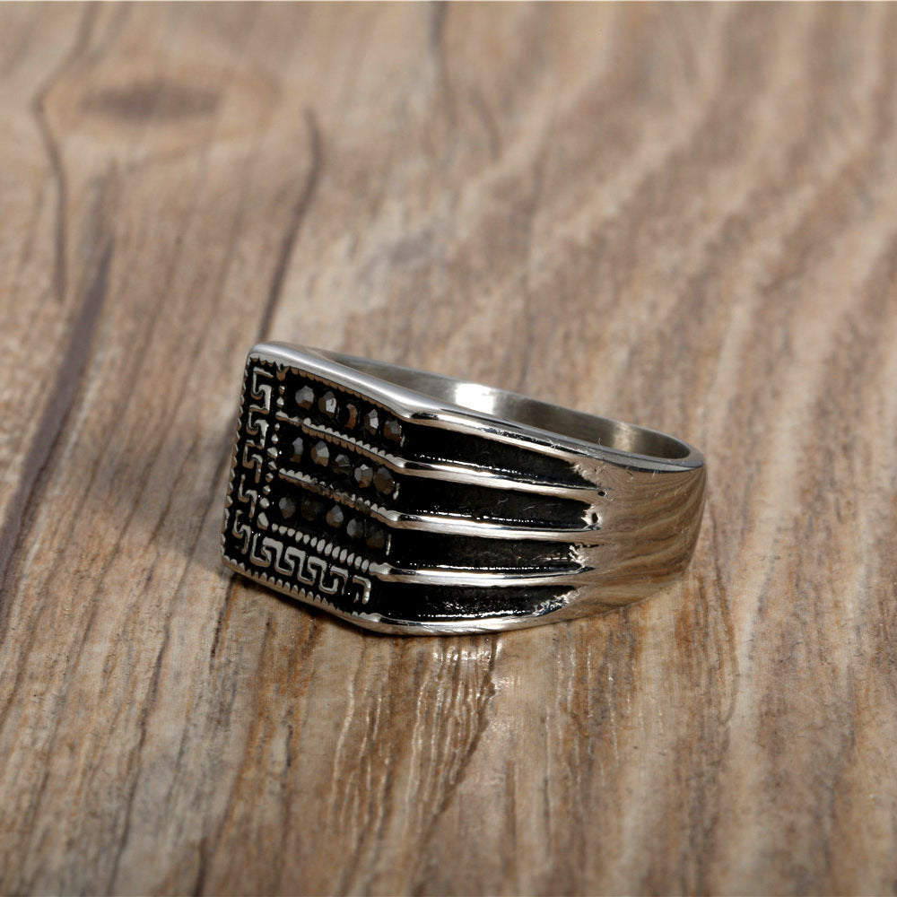 Punk-Inspired Titanium Steel Zircon Ring with Great Wall Design - Retro Holiday Gift for Men