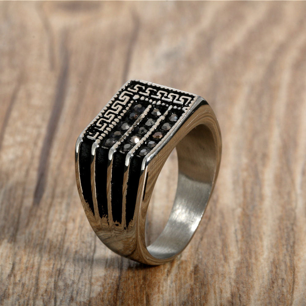 Punk-Inspired Titanium Steel Zircon Ring with Great Wall Design - Retro Holiday Gift for Men