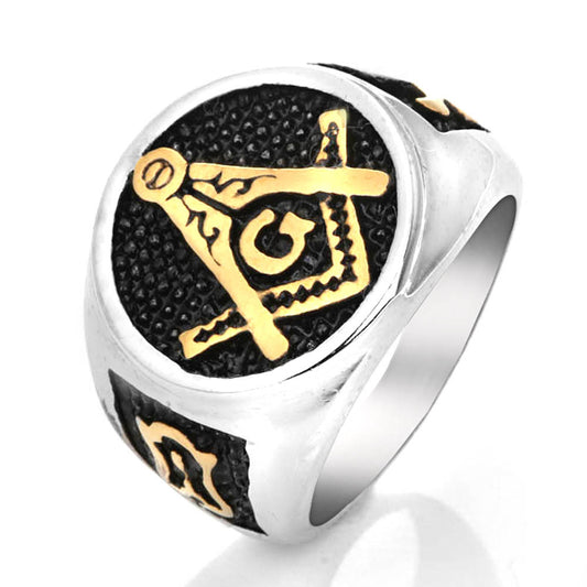 Vintage-Inspired Gold Titanium Steel Freemason Ring for Men - Unique Stainless Steel Fashion Accessory