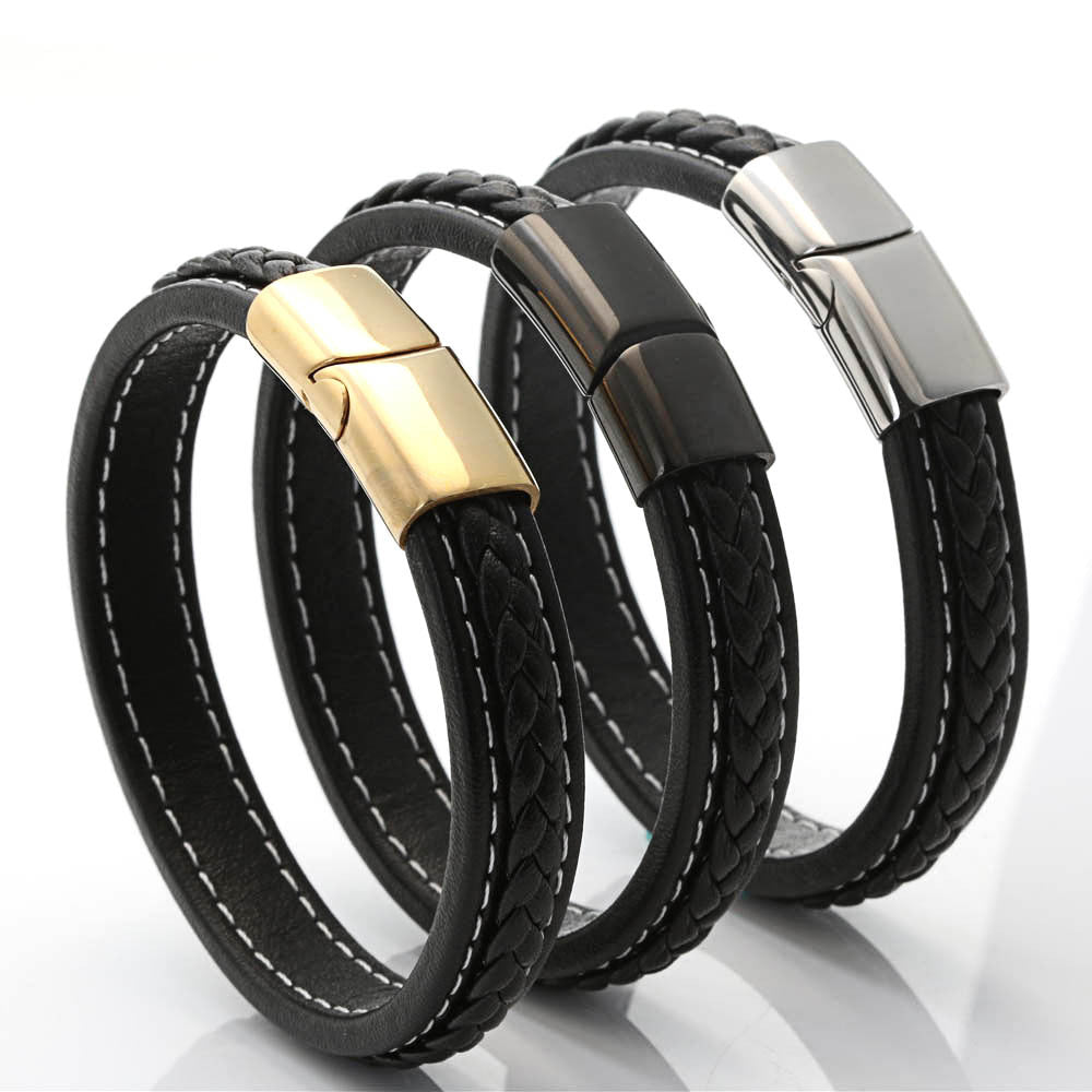 Trendy Black Titanium Steel and Braided Leather Bracelet for Men