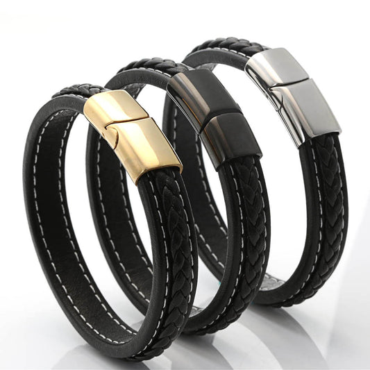 Trendy Black Titanium Steel and Braided Leather Bracelet for Men