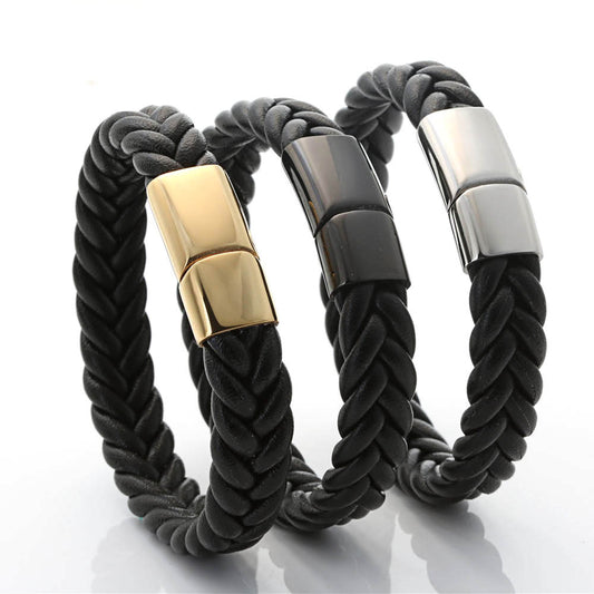 Titanium Steel and Leather Braided Bracelet for Men - Stylish Black Double Root Design