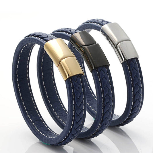 Men's Stylish Titanium Steel and Braided Leather Bracelet with Magnetic Closure