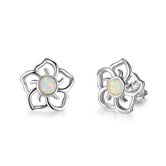 Hollow Plum Blossom Round Opal Sterling Silver Stud Earrings