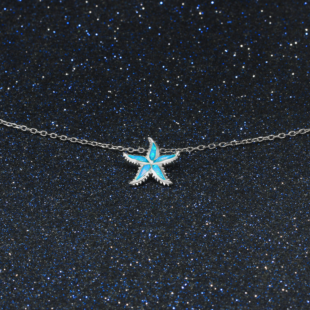 Blue Opal Serrated Starfish Sterling Silver Necklace