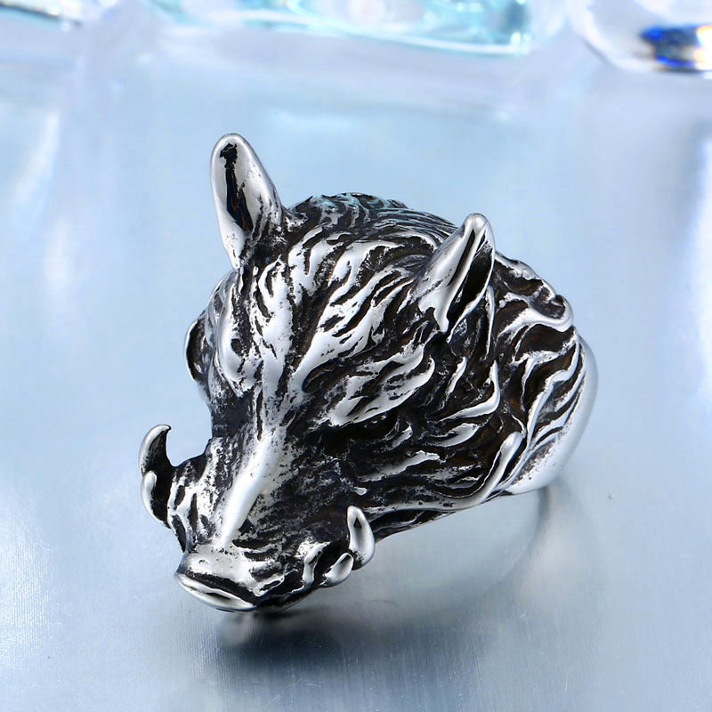 Titanium Steel Men's Ring - Bold Berserk Wild Boar Design, Customizable Stainless Steel Jewelry in Sizes 8-13