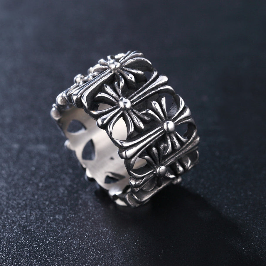 Hollow Forward Reverse Cross Flower Ultra Wide Titanium Steel Ring for Men