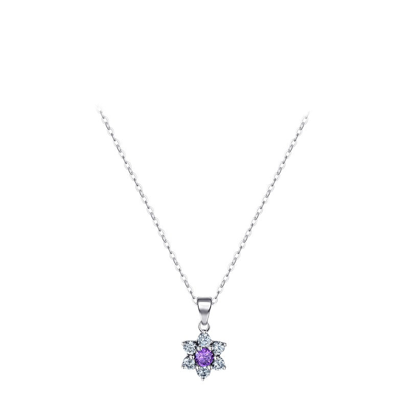 Stylish Sterling Silver Necklace with Purple Zirconium Flowers