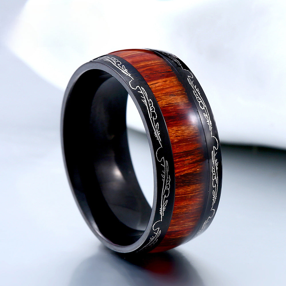 Vintage-Inspired Titanium Steel and Wood Feather Ring for Men and Women - Personalized Carved Design