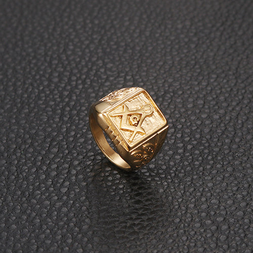 Freemasonry-Inspired Gold Titanium Steel Men's Ring - Elegant Fashion Jewelry for Men