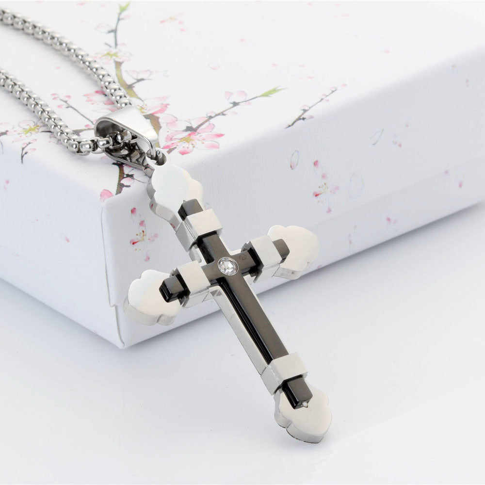 Titanium Steel Cross Pendant with Zircon Accent for Men - Elegant Foreign Trade Jewelry